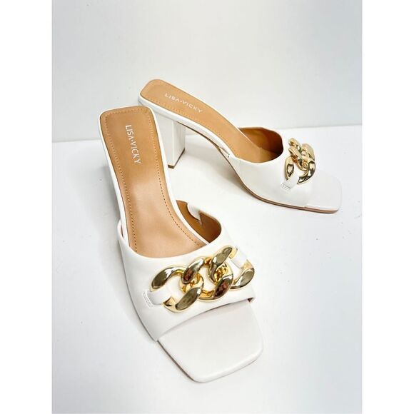 Lisa Vicky Sandals Womens Size 9.5 White Leather Open Toe Heels With Chain - Picture 2 of 9